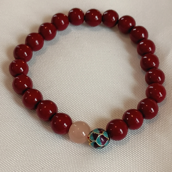 Boho Red Beaded Stretch Bracelet Rose Quartz Cloisonne Enamel - Picture 3 of 4